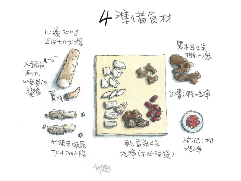 竹笙山药鸡汤-手绘食谱的加工步骤